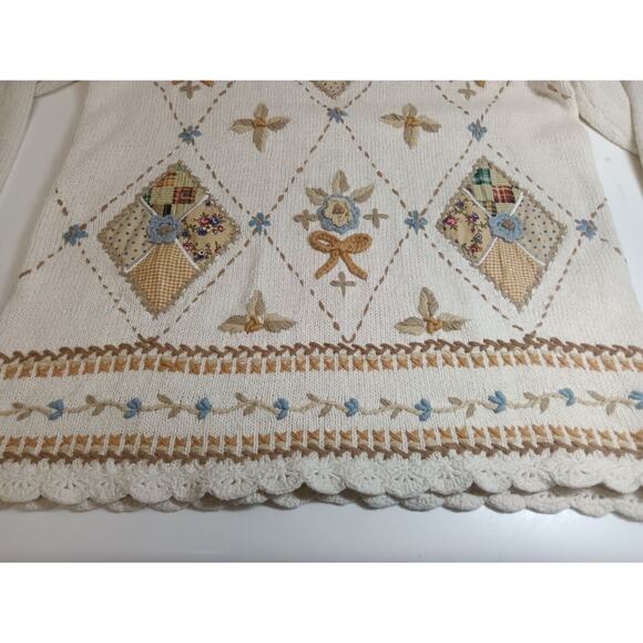 Beldoch Popper Sweater Mock Women's Medium VTG Embroidered Knit Floral Cream - Picture 12 of 16